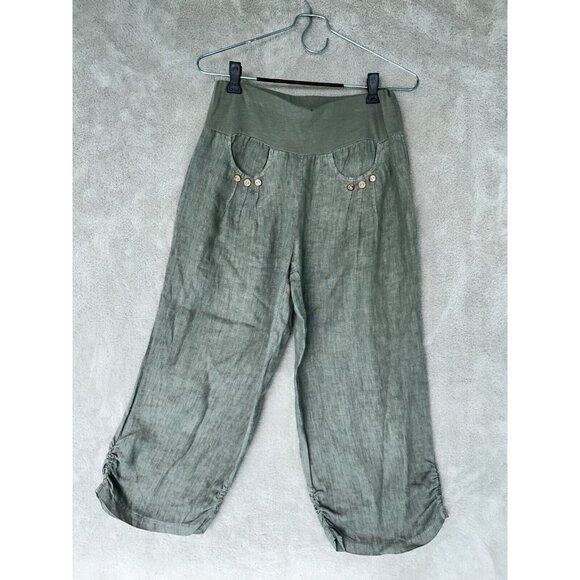 Linen Capri Trouser Italian Lagenlook EU/Large Cropped Wood Buttons Wide Leg - Picture 3 of 8